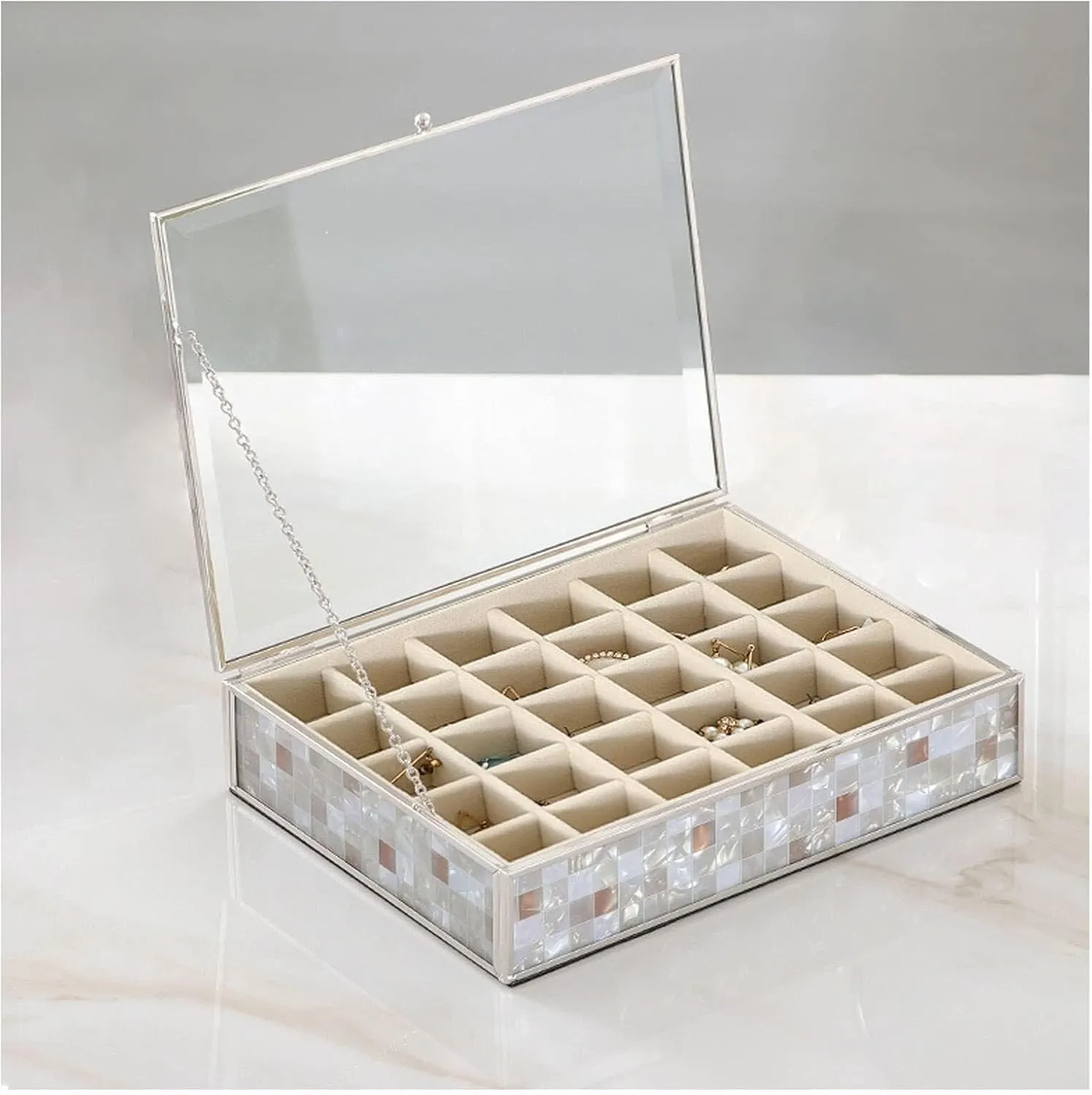 Storage for Rings, Necklaces, Earrings, and Watches, Velvet Lining, Ladies Gift Jewelry Box Luxury Glass Jewelry Organizer chance mutoscope polish signify Box with Gold Border, Elegant 
