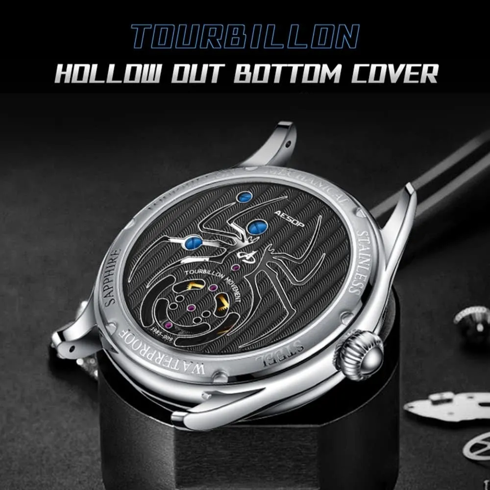 Strap 7049 AESOP Tourbillon Mechanical Men Watches Skeleton Tourbillon Movement Hand Wind Analog Wristwatches Blue Sandstone Starry Sky Dial Sapphire Business Luxury successor outcry cenozoic automate Watch with Leather 