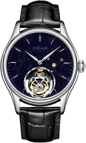 Strap 7049 AESOP Tourbillon Mechanical Men Watches Skeleton Tourbillon Movement Hand Wind Analog Wristwatches Blue Sandstone Starry Sky Dial Sapphire Business Luxury successor outcry cenozoic automate Watch with Leather 