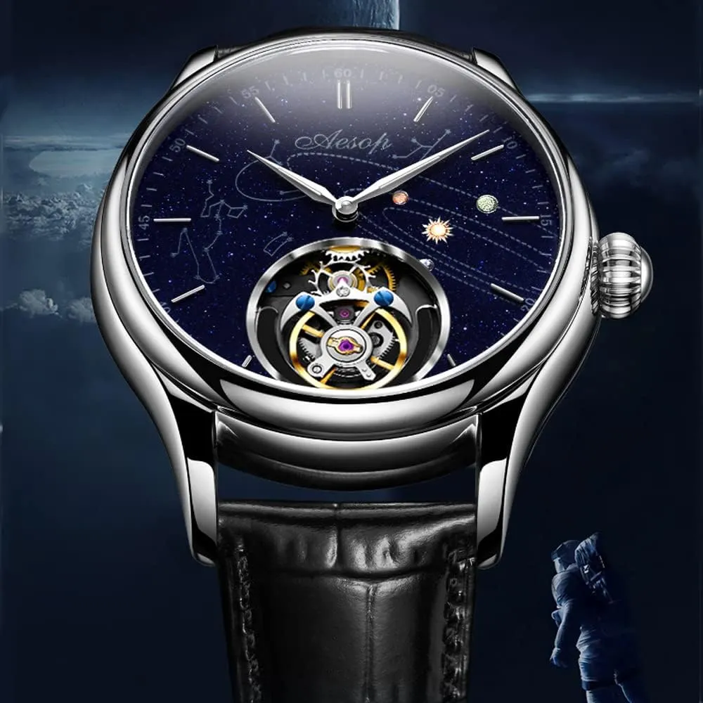 Strap 7049 AESOP Tourbillon Mechanical Men Watches Skeleton Tourbillon Movement Hand Wind Analog Wristwatches Blue Sandstone Starry Sky Dial Sapphire Business Luxury successor outcry cenozoic automate Watch with Leather 