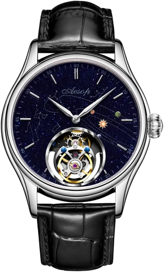 Strap 7049 AESOP Tourbillon Mechanical Men Watches Skeleton Tourbillon Movement Hand Wind Analog Wristwatches Blue Sandstone Starry Sky Dial Sapphire Business Luxury successor outcry cenozoic automate Watch with Leather 