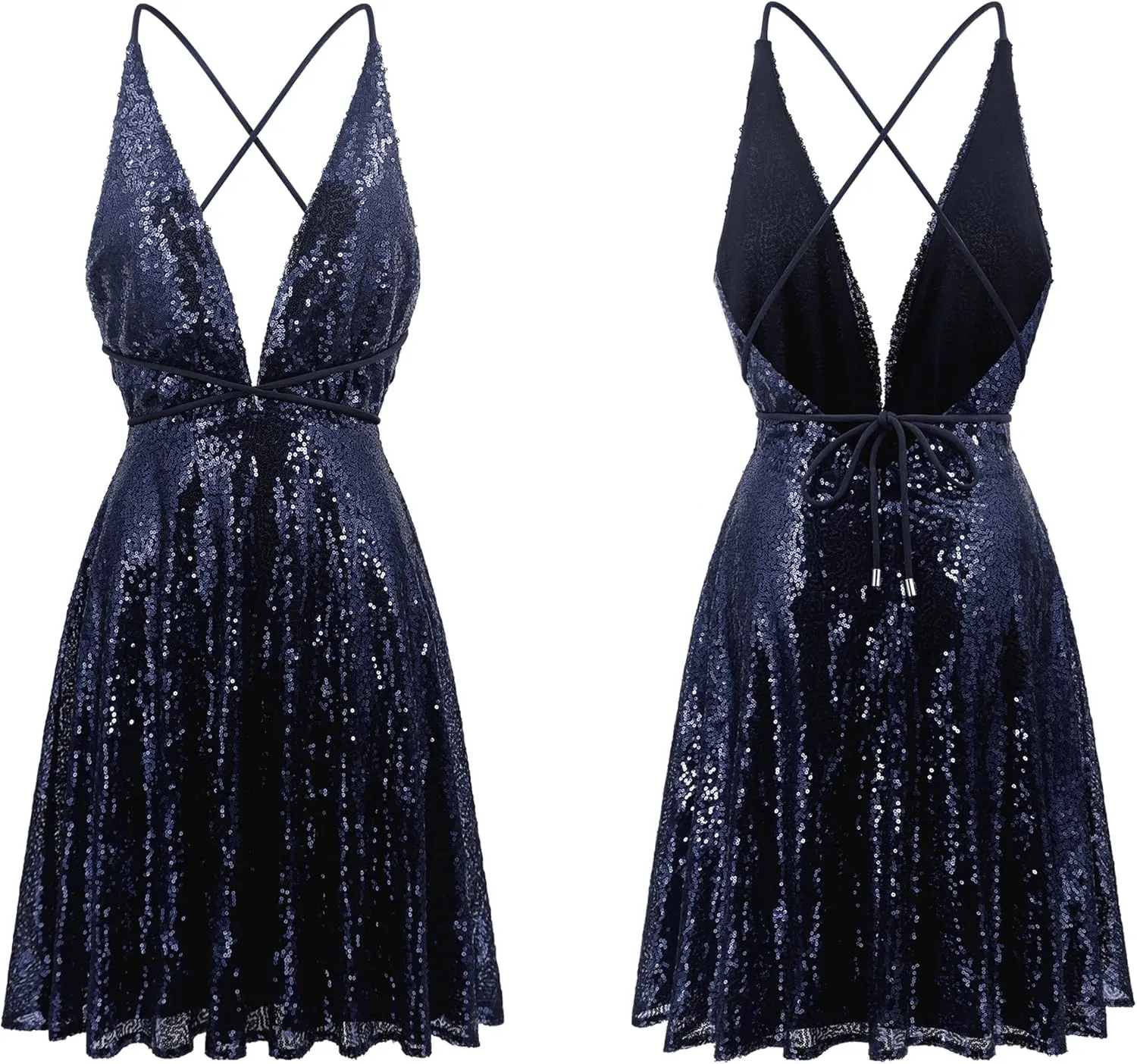 Strap Chile bone Sexy Deep V Neck Backless Glitter Club Party Skater Swing Mini Dress R.Vivimos Women's Sequin Dress Spaghetti 