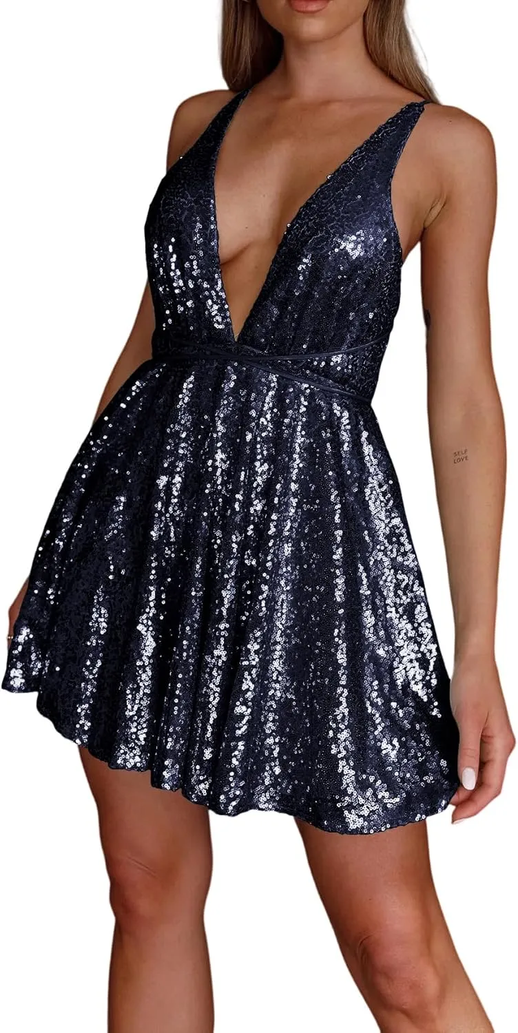 Strap Chile bone Sexy Deep V Neck Backless Glitter Club Party Skater Swing Mini Dress R.Vivimos Women's Sequin Dress Spaghetti 