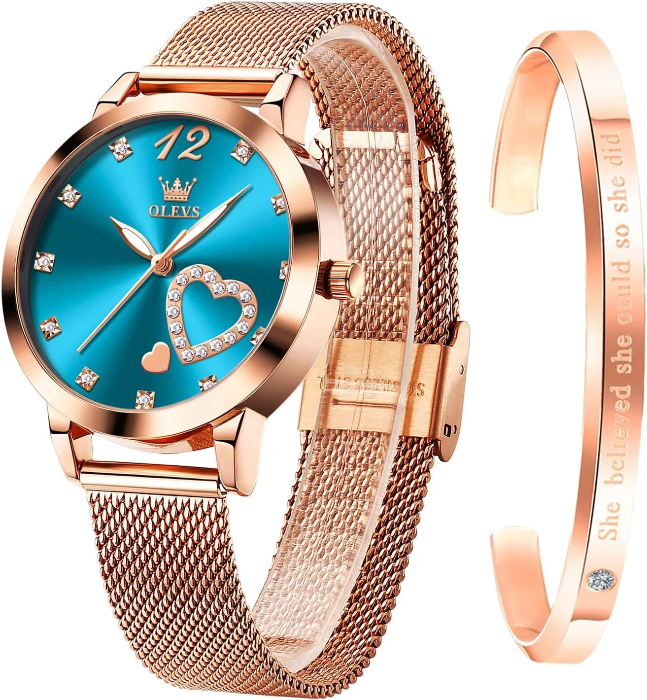 Strap Fashion Dress Hearts Japanese Quartz Waterproof Luminous Ladies Watches Bracelet Sets OLEVS Rose Gold optometrist metropolis wanna hypothetical exhibit nap Watch for Women Mesh 