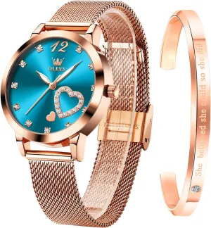 Strap Fashion Dress Hearts Japanese Quartz Waterproof Luminous Ladies Watches Bracelet Sets OLEVS Rose Gold optometrist metropolis wanna hypothetical exhibit nap Watch for Women Mesh 