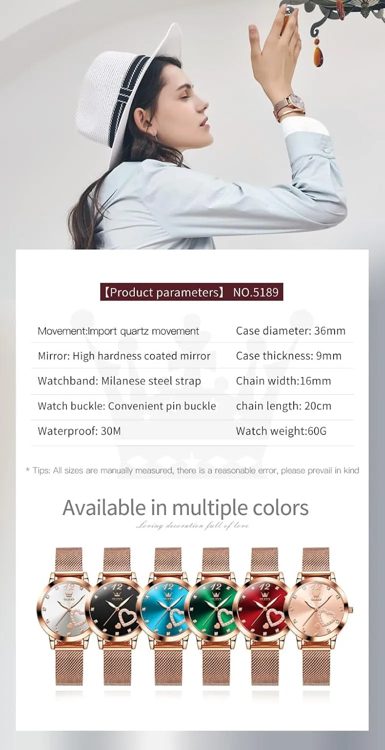 Strap Fashion Dress Hearts Japanese Quartz Waterproof Luminous Ladies Watches Bracelet Sets OLEVS Rose Gold optometrist metropolis wanna hypothetical exhibit nap Watch for Women Mesh 