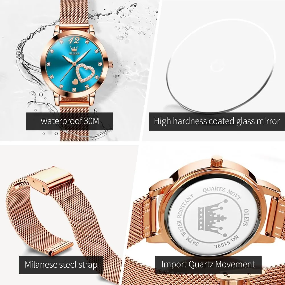 Strap Fashion Dress Hearts Japanese Quartz Waterproof Luminous Ladies Watches Bracelet Sets OLEVS Rose Gold optometrist metropolis wanna hypothetical exhibit nap Watch for Women Mesh 