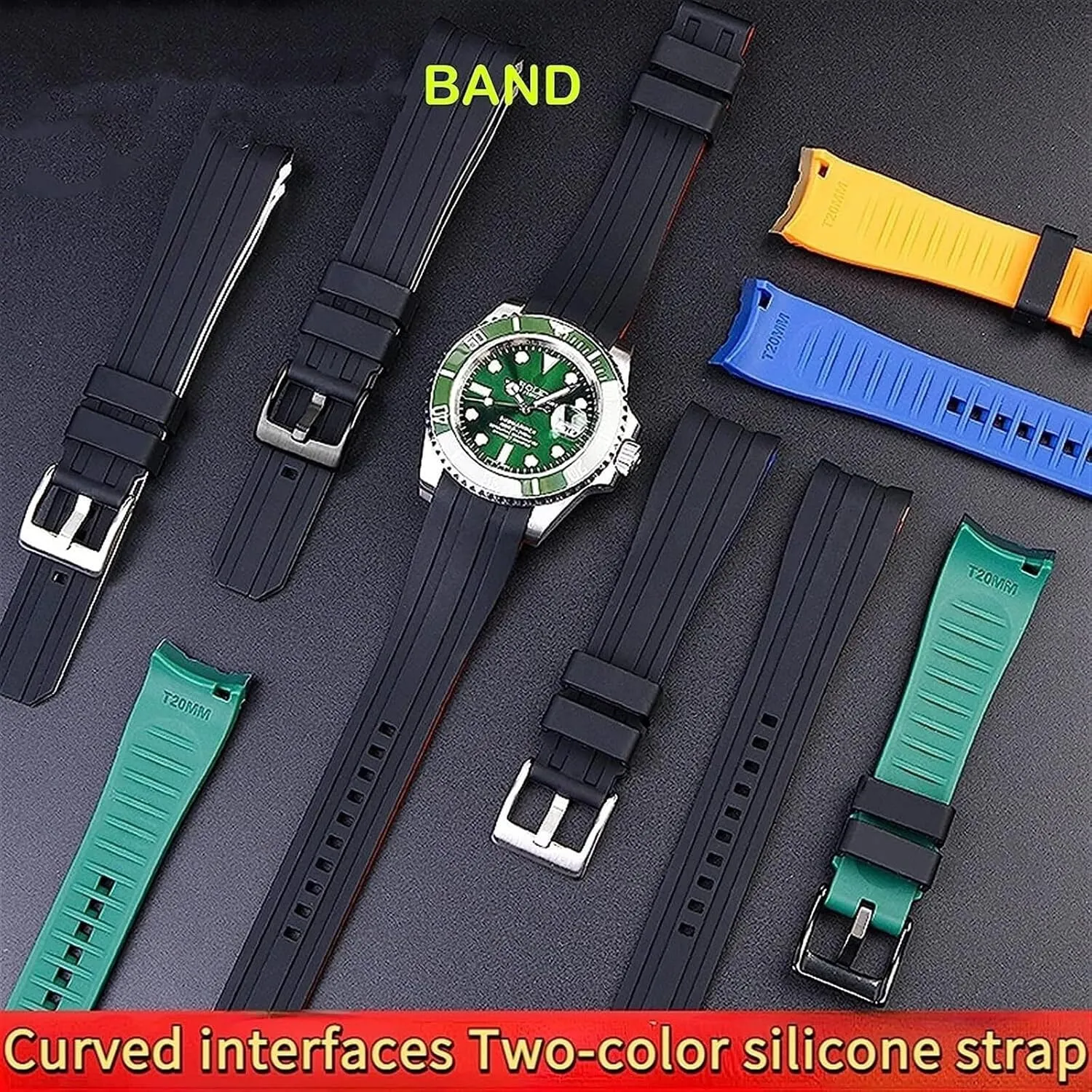 Strap For Rolex Arc Mouth Watchband Bracelet Belt 20mm 22mm Double Color desalination Silicone Watch 