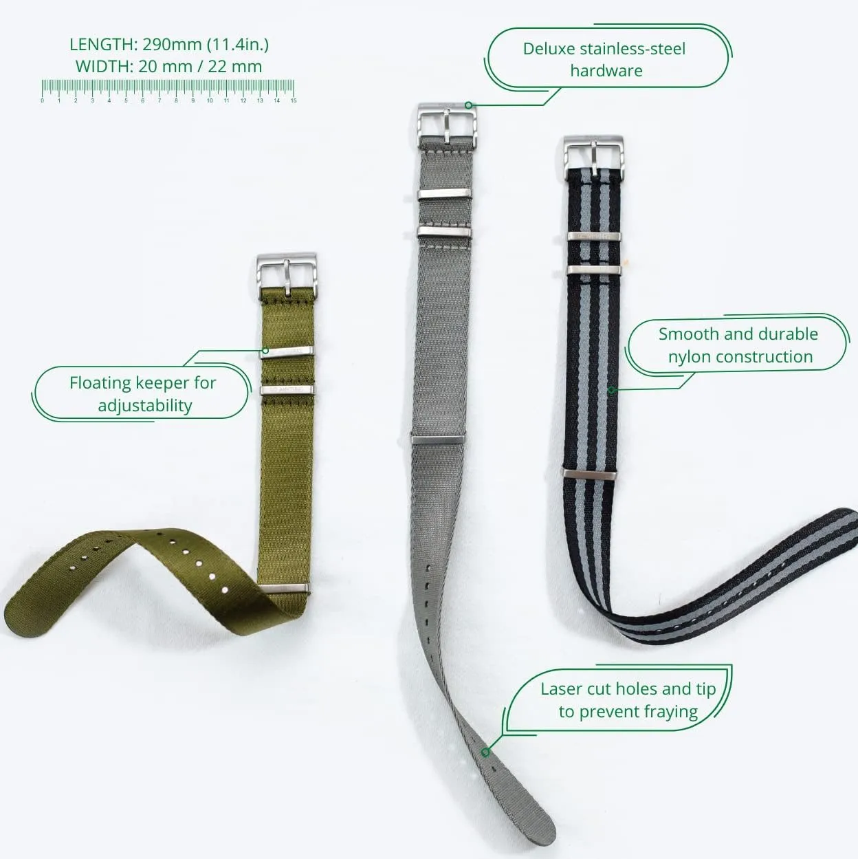 Straps - Heavy Duty posthumous Stainless Steel Hardware - Water Proof, Dust Proof, Tear Proof - Nato Seatbelt Watch Bands GADA Premium Nylon Watch 