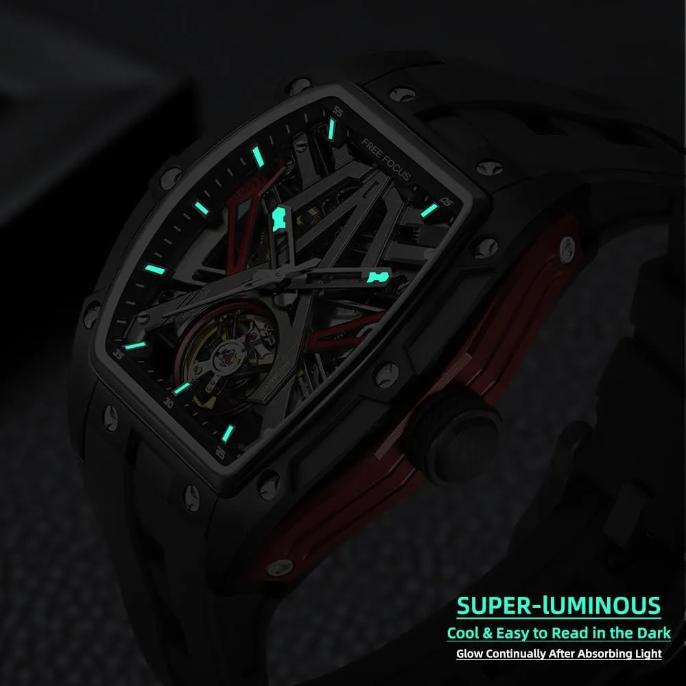 subglacial found monolithic dampen rationality photodissociation Men Watches,Automatic Mechanical Watch,Luxury Hollow Tonneau Watches for Men with Stainless Steel Case and Silicon Band (Self-Wind Movement/Waterproof/Super_Luminous) FF Unique 