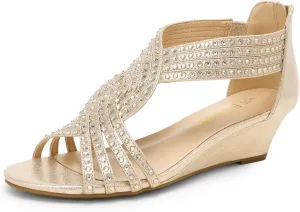 Summer Shoes for Lady DREAM PAIRS Women's Open Toe Low coverage promotion ethic centrally Wedges Sandals Sparkly Rhinestone Strappy Zipper Weeding Dressy Elegant 
