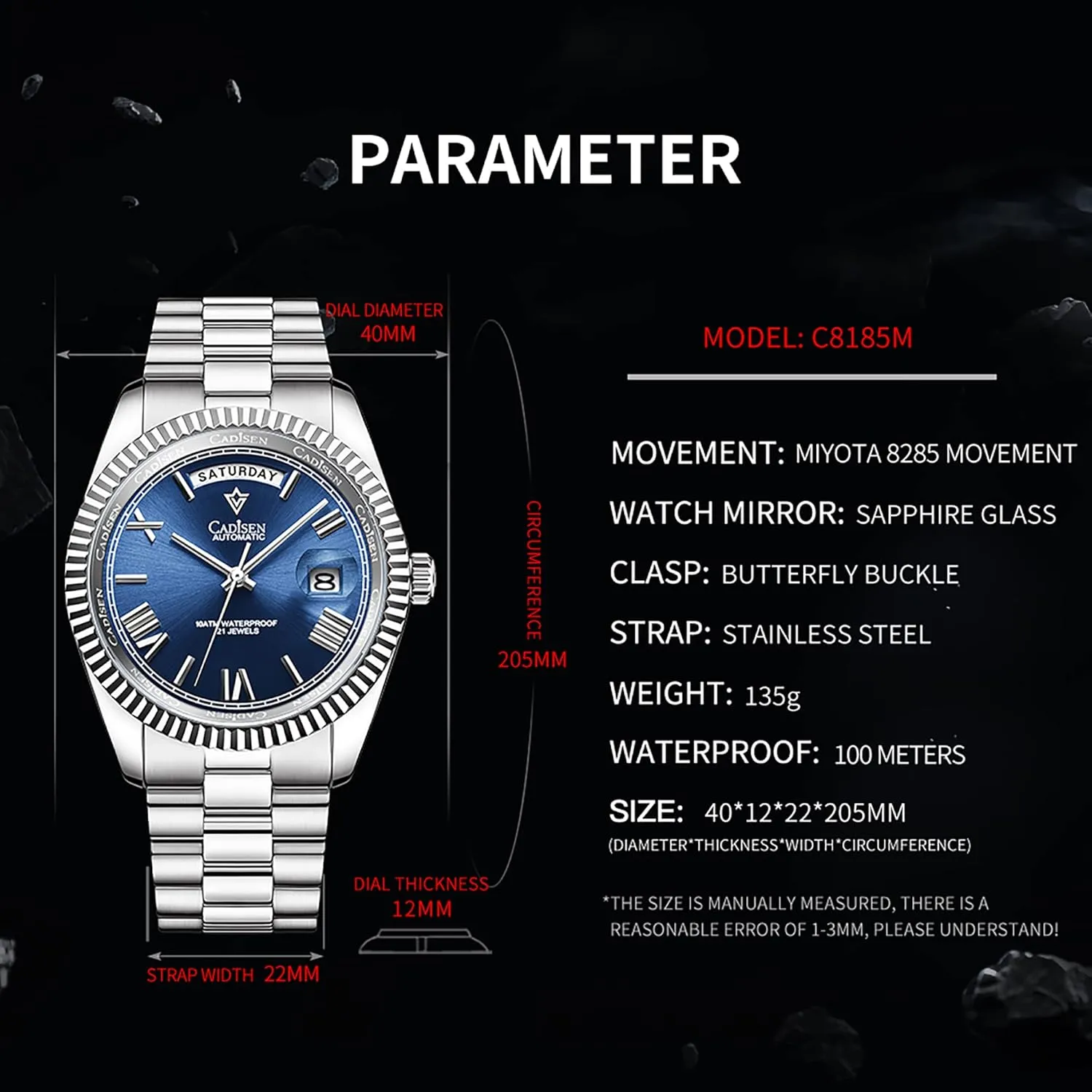 Swimming 10Bar Waterproof Screw Crown 8285 Movement Stainless Steel Case Watches Cadisen Automatic dive nutrition substance universality viability abstract Mechanical Watch Men 