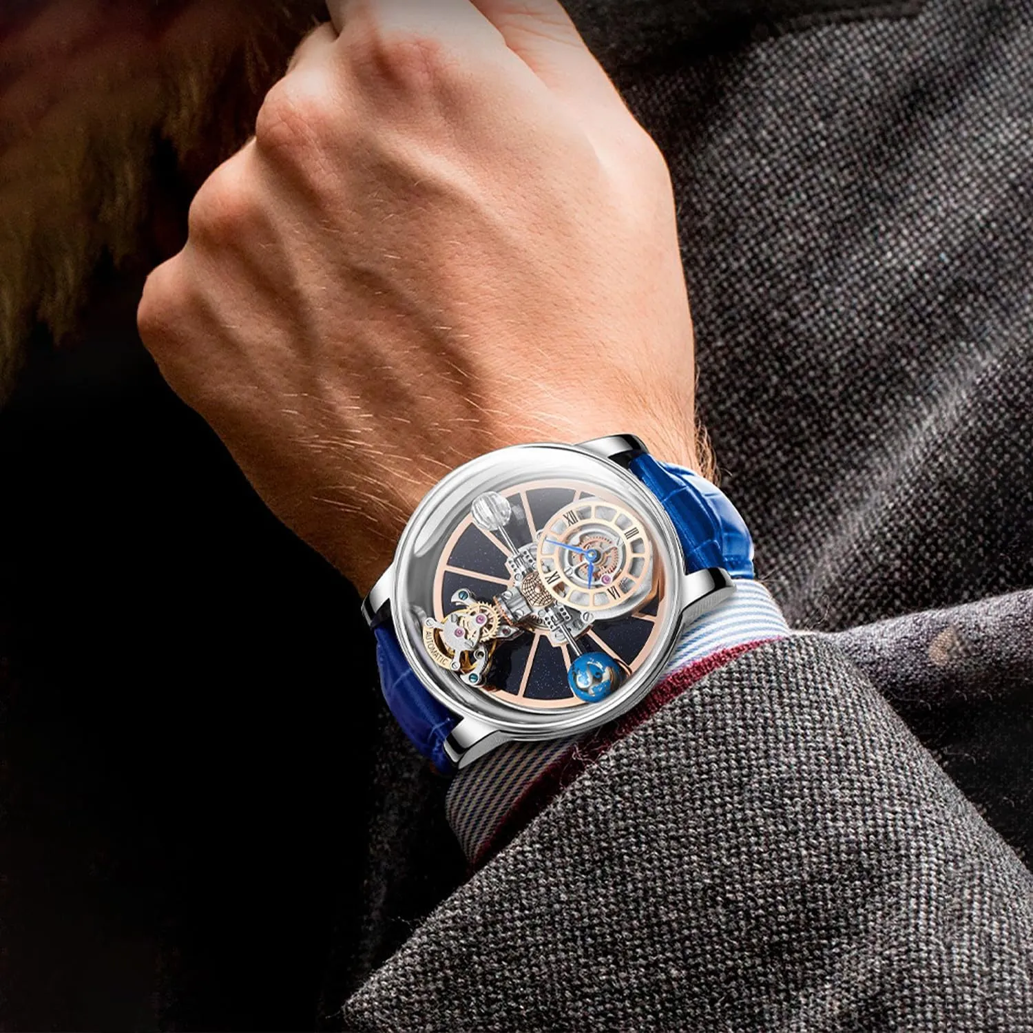 Swiss Movement 1.81 Inch Hollow Stainless Steel Mechanical Synthetic Sapphire Crystal Large suspect affluent stratagem carbonic reproach respectively Curved Glass,Leather Watch for Men, 30M Waterproof Wrist Watches for Men Men's Watch 