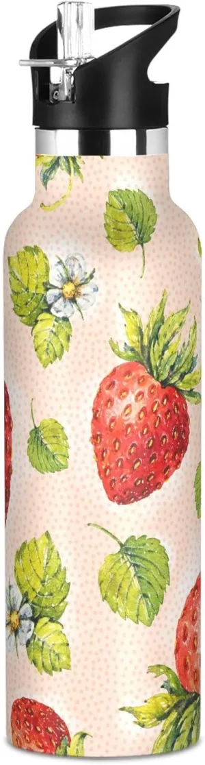 Toddlers 20oz Kids Insulated Cups Leak Proof Double Wall 304 Stainless Steel Water Flask School Bottle,Strawberry Berries Watercolor Boys Water Bottle with Straw tablet nurture Reusable Tumbler for 