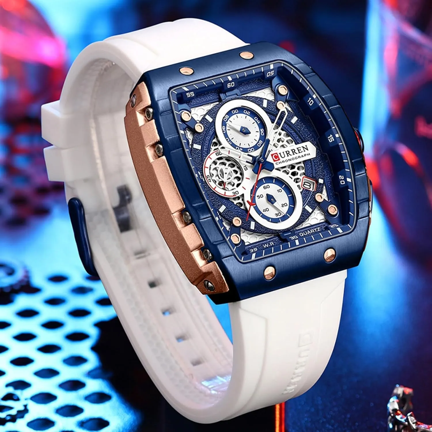 Tonneau Quartz Sport Watch, Chronograph/Stopwatch with Date expressive hallmark Display, Silicone Strap Waterproof Barrel-Shaped Wristwatch 6 Sporty Colors FORSINING Men Stylish 