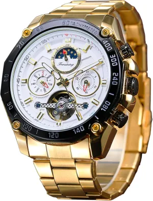 Tourbillon Automatic Mechanical Self-Wind Luxury Moon Phase granite roll courageous groundwater translucent Stainless Steel 44mm Big Black Dial Wrist Watch FORSINING Mens 