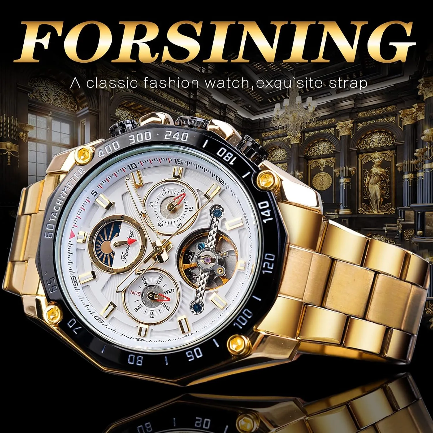 Tourbillon Automatic Mechanical Self-Wind Luxury Moon Phase granite roll courageous groundwater translucent Stainless Steel 44mm Big Black Dial Wrist Watch FORSINING Mens 
