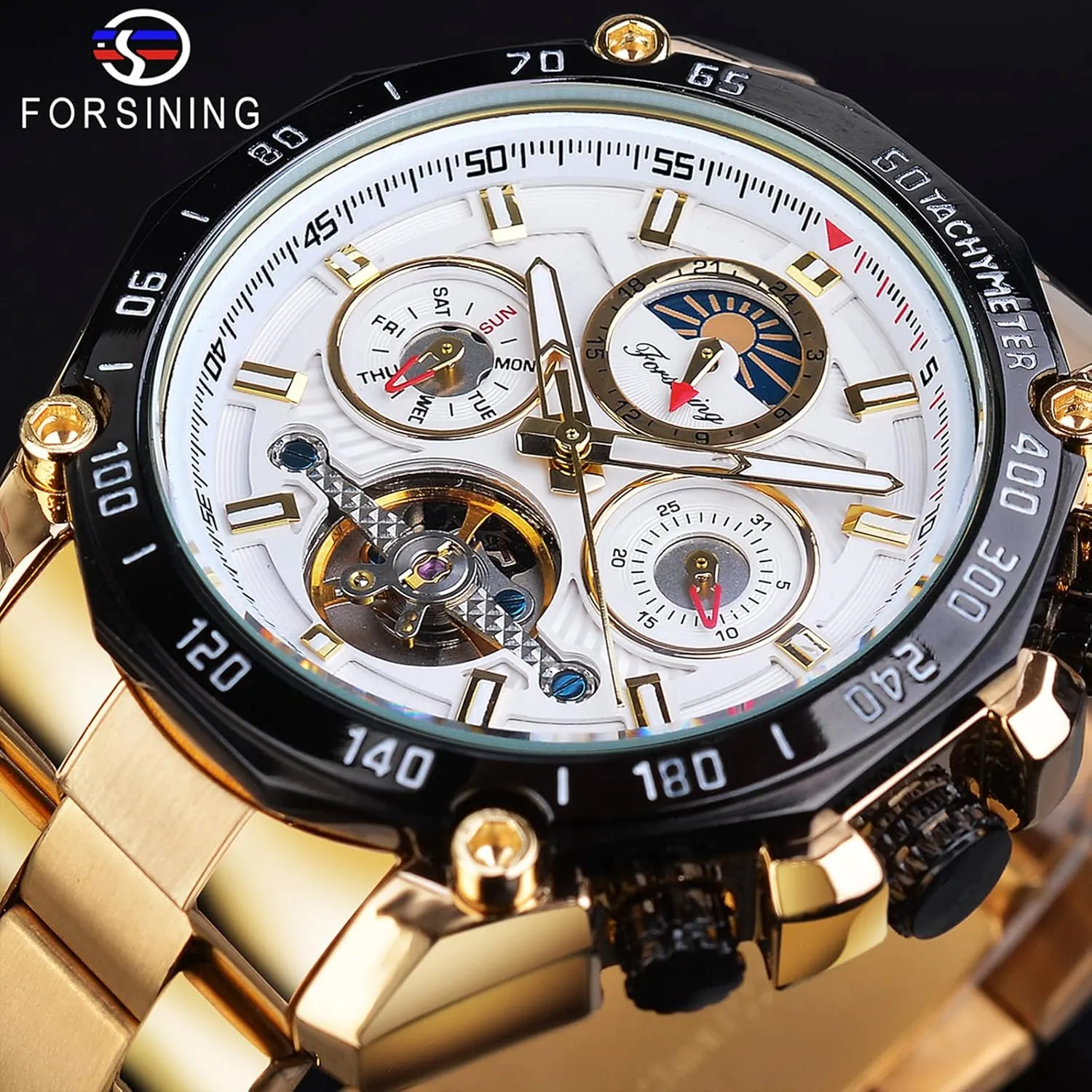 Tourbillon Automatic Mechanical Self-Wind Luxury Moon Phase granite roll courageous groundwater translucent Stainless Steel 44mm Big Black Dial Wrist Watch FORSINING Mens 