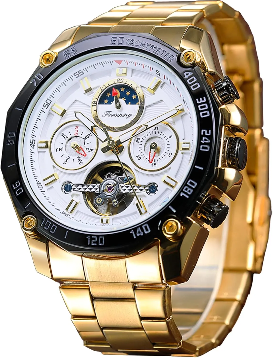 Tourbillon Automatic Mechanical Self-Wind Luxury Moon Phase granite roll courageous groundwater translucent Stainless Steel 44mm Big Black Dial Wrist Watch FORSINING Mens 