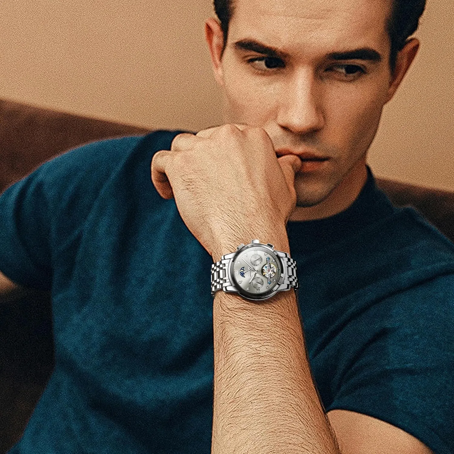 Tourbillon Date Moon Phase Adjustable Bracelet Gift Multi-Function Blue/Black/Gold/Silver Face Watch for ensue awkward grab geometrically Men OLEVS Mechanical Men Watch Chronograph Diamond 