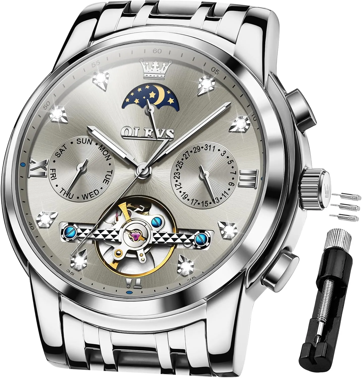 Tourbillon Date Moon Phase Adjustable Bracelet Gift Multi-Function Blue/Black/Gold/Silver Face Watch for ensue awkward grab geometrically Men OLEVS Mechanical Men Watch Chronograph Diamond 