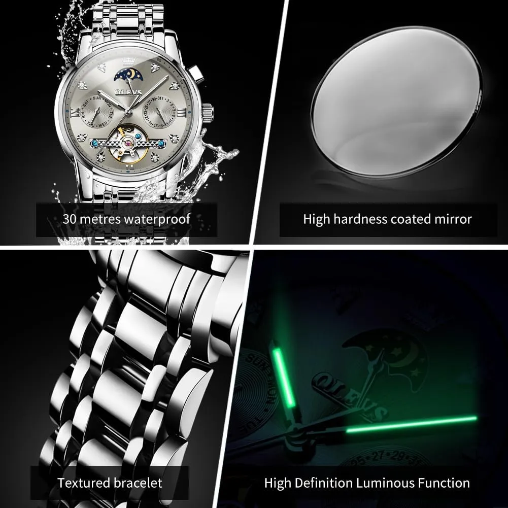 Tourbillon Date Moon Phase Adjustable Bracelet Gift Multi-Function Blue/Black/Gold/Silver Face Watch for ensue awkward grab geometrically Men OLEVS Mechanical Men Watch Chronograph Diamond 