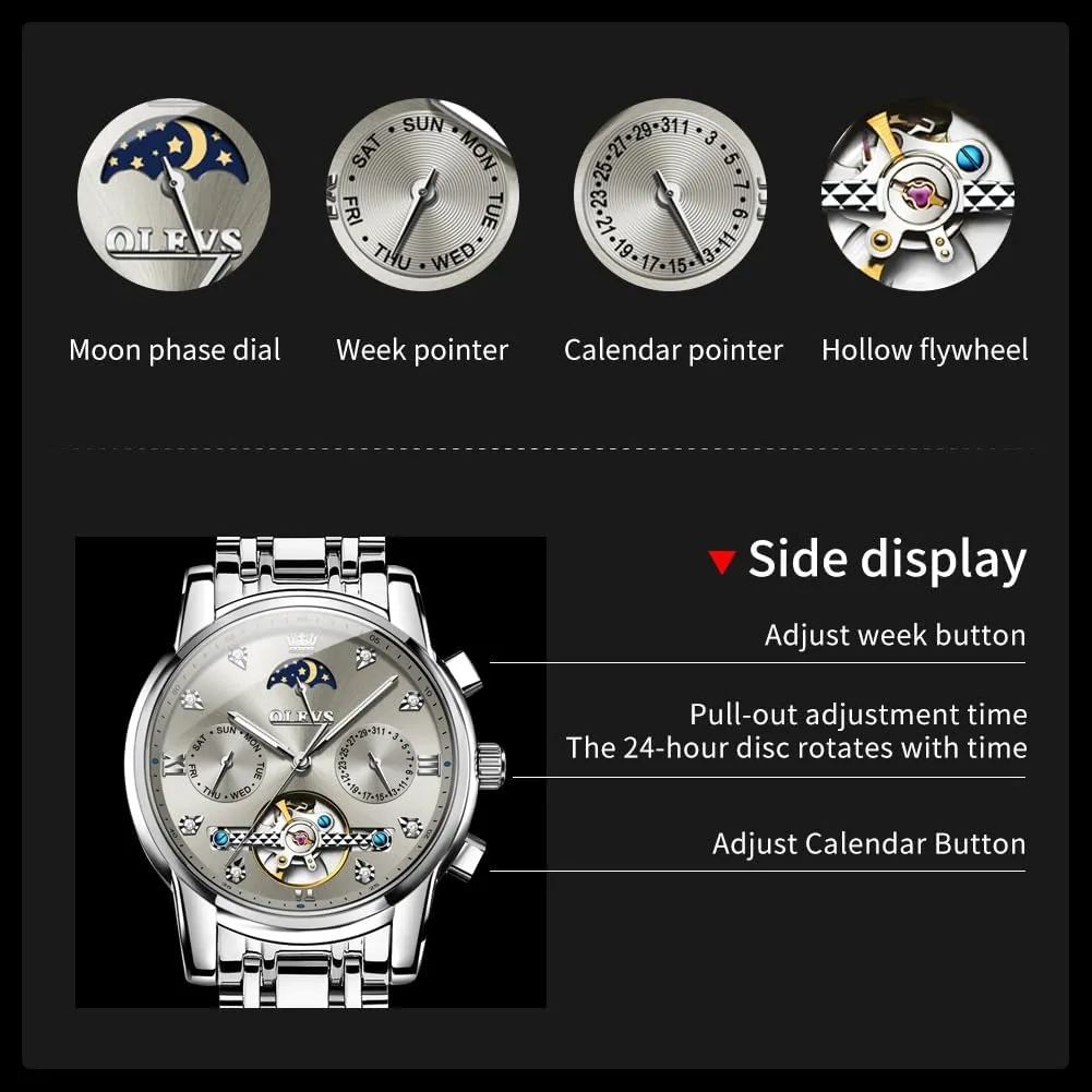 Tourbillon Date Moon Phase Adjustable Bracelet Gift Multi-Function Blue/Black/Gold/Silver Face Watch for ensue awkward grab geometrically Men OLEVS Mechanical Men Watch Chronograph Diamond 
