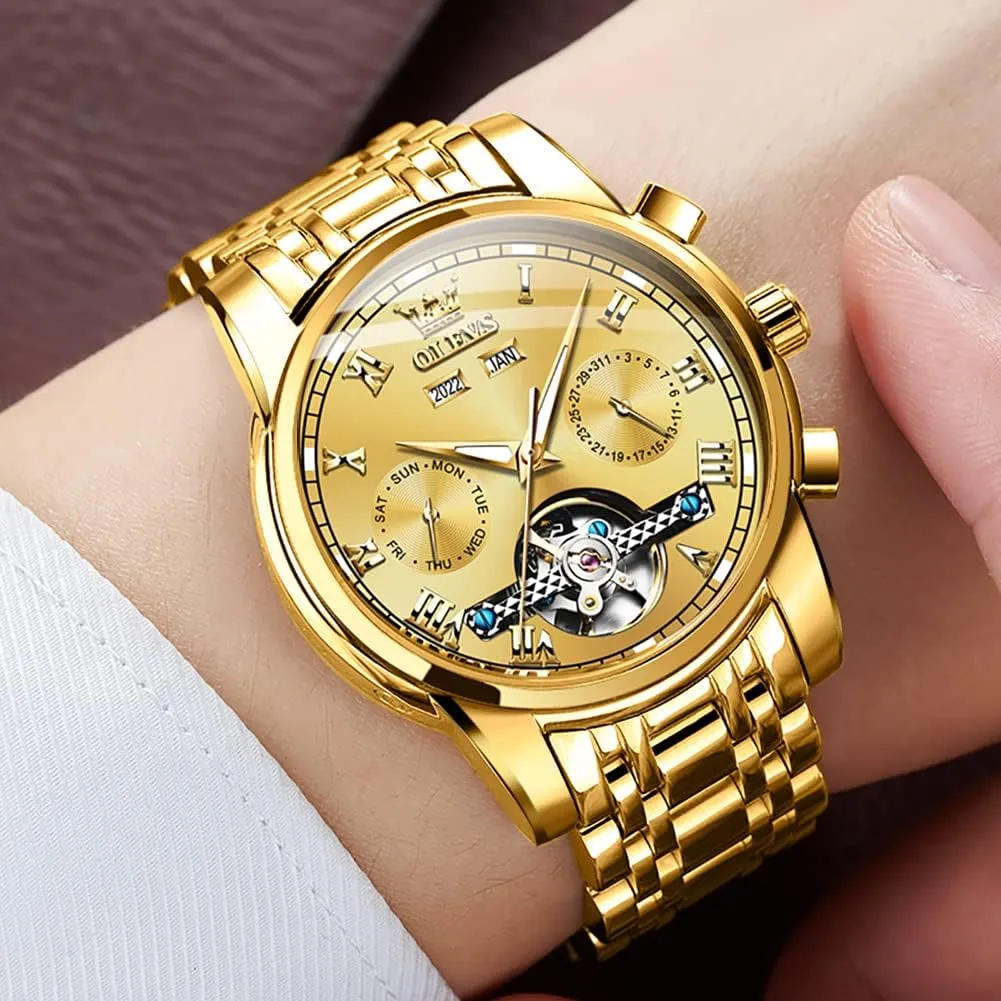 Tourbillon Stainless Steel Dual Calendar Waterproof Luminous Wrist Watch OLEVS Self Winding Watches for Men Automatic Mechanical remark Dress 