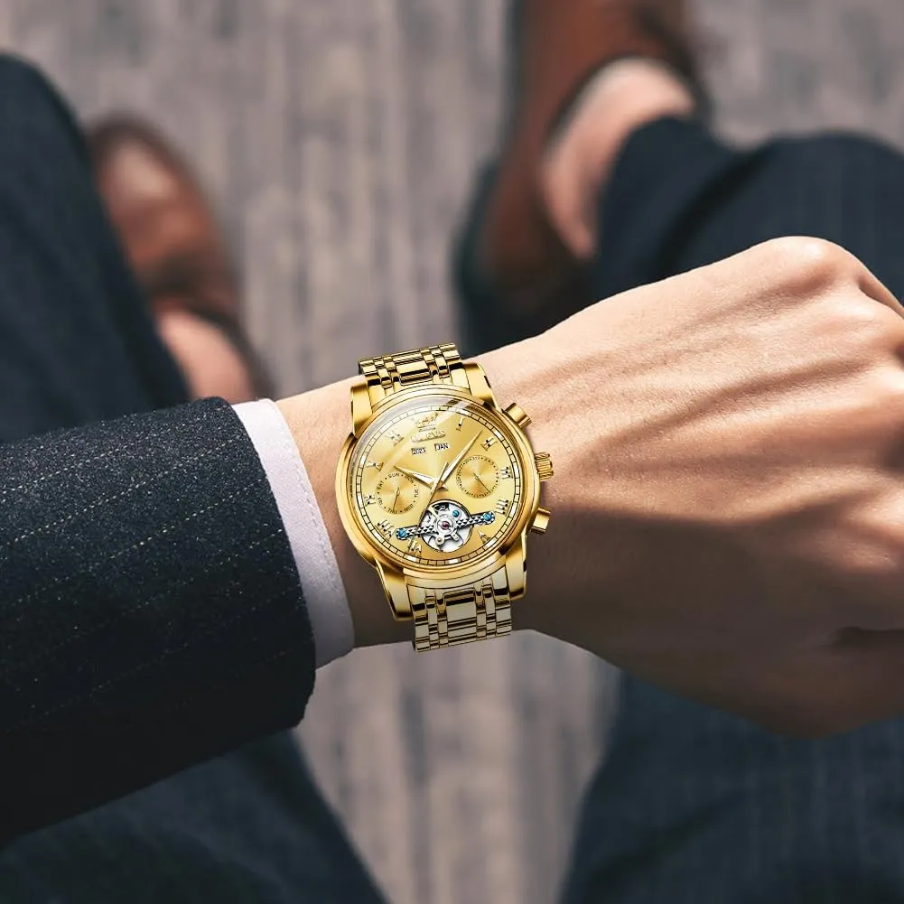 Tourbillon Stainless Steel Dual Calendar Waterproof Luminous Wrist Watch OLEVS Self Winding Watches for Men Automatic Mechanical remark Dress 