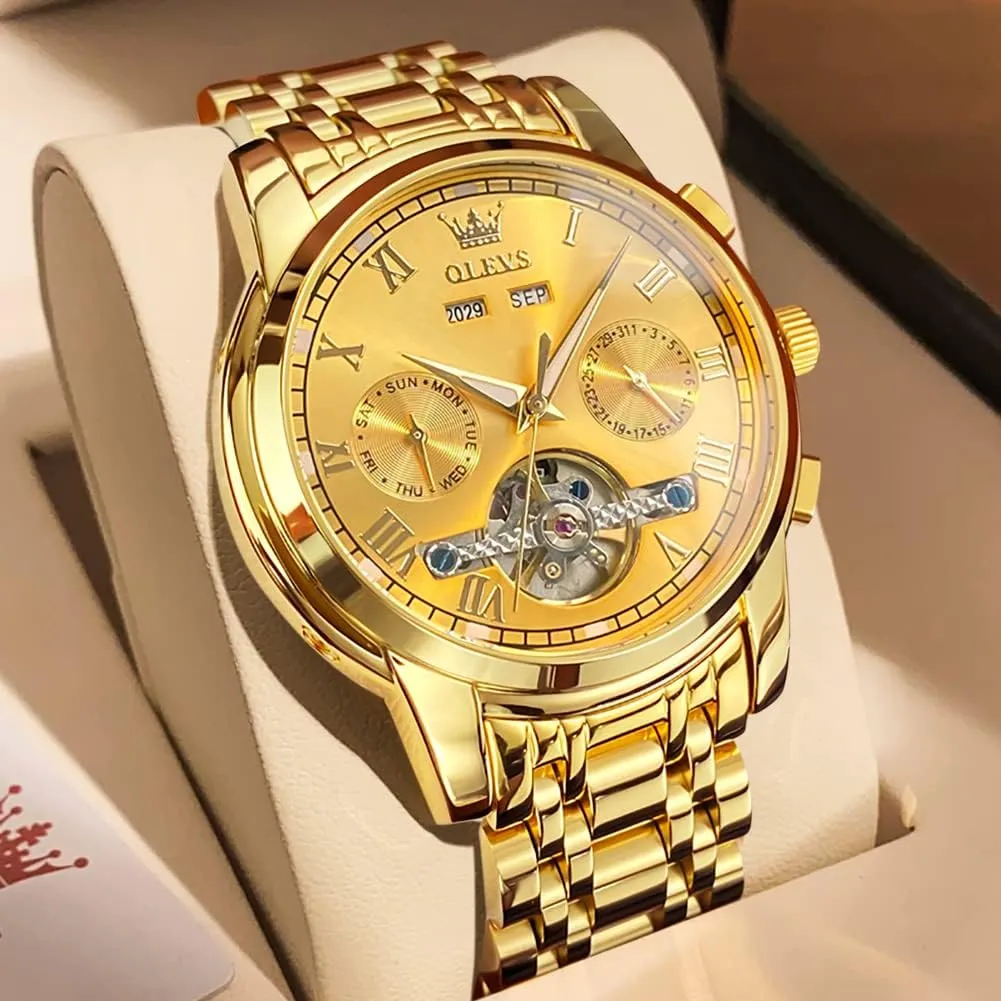 Tourbillon Stainless Steel Dual Calendar Waterproof Luminous Wrist Watch OLEVS Self Winding Watches for Men Automatic Mechanical remark Dress 