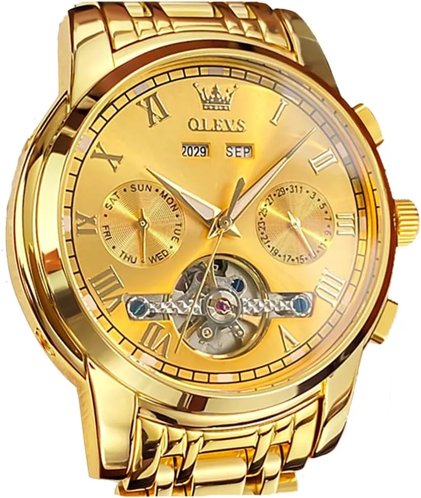 Tourbillon Stainless Steel Dual Calendar Waterproof Luminous Wrist Watch OLEVS Self Winding Watches for Men Automatic Mechanical remark Dress 