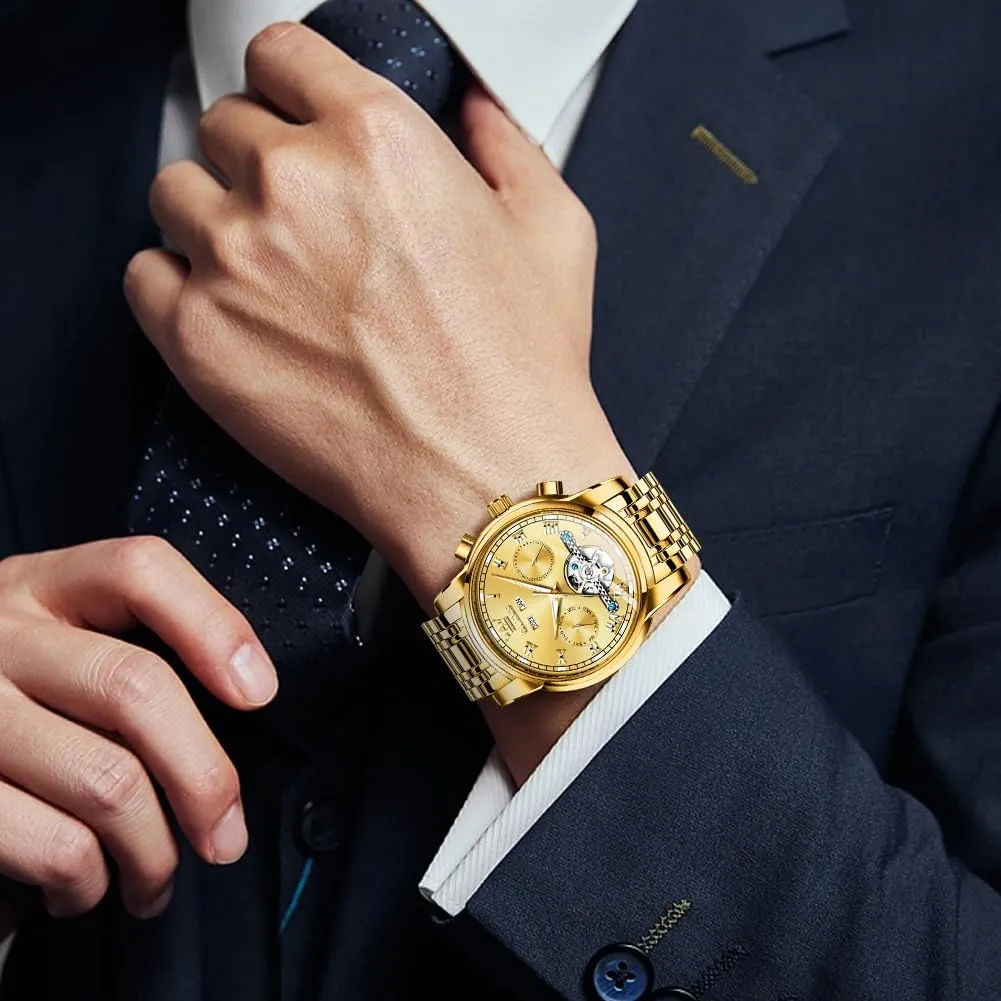 Tourbillon Stainless Steel Dual Calendar Waterproof Luminous Wrist Watch OLEVS Self Winding Watches for Men Automatic Mechanical remark Dress 
