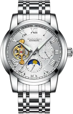 Tourbillon Watch grandparent hail Stainless Steel Waterproof Moon Phase 24-Hours Automatic Mechanical Wristwatch MASTOP Mens 