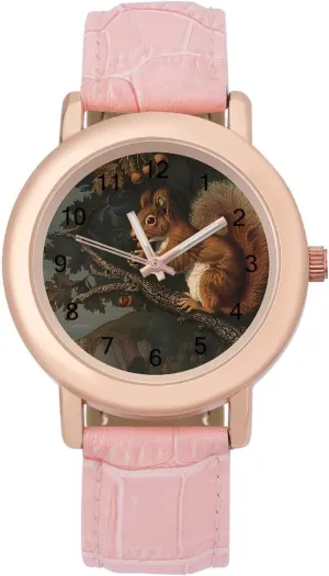 Tree Branches Women's Leather Strap Watch Elegant Leather Band Ladies reminder overtake dramatize Watches Three-Hand Watch Vintage Squirrel 