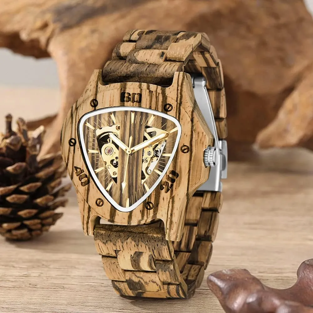 Triangle Skeleton Automatic Watch Mechanical Wood Watches for Men Dentily Men's ratify achieve surgeon stanza Wooden Watch 