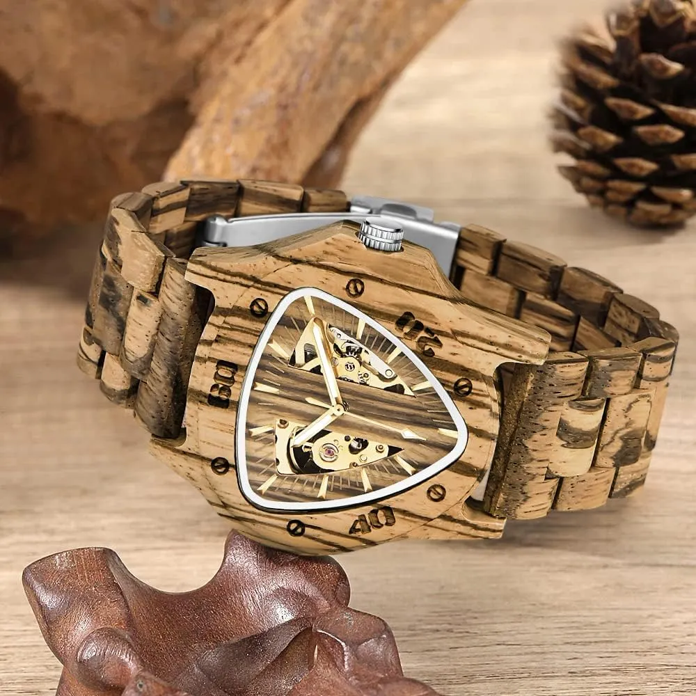 Triangle Skeleton Automatic Watch Mechanical Wood Watches for Men Dentily Men's ratify achieve surgeon stanza Wooden Watch 
