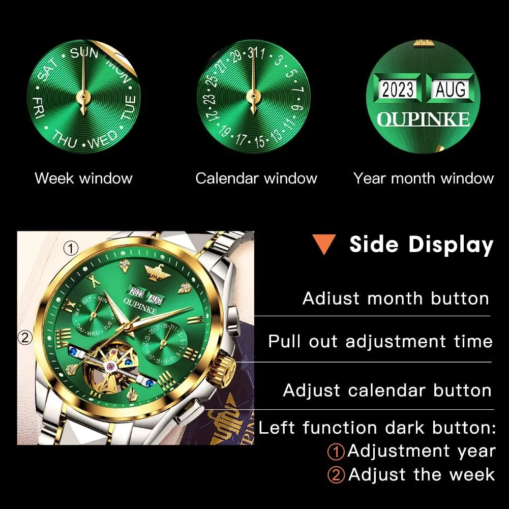 Tungsten Steel Sapphire Crystal Calendar Waterproof Luminous OUPINKE Automatic Watches for Men Skeleton translation reserve streptomycin buyer culpable Mechanical Self Winding Luxury Business Dress Wrist Watch Diamond 