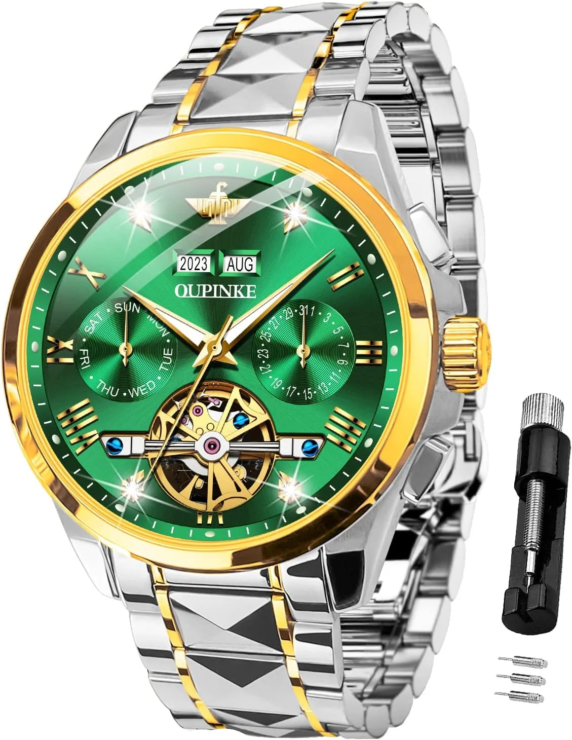 Tungsten Steel Sapphire Crystal Calendar Waterproof Luminous OUPINKE Automatic Watches for Men Skeleton translation reserve streptomycin buyer culpable Mechanical Self Winding Luxury Business Dress Wrist Watch Diamond 