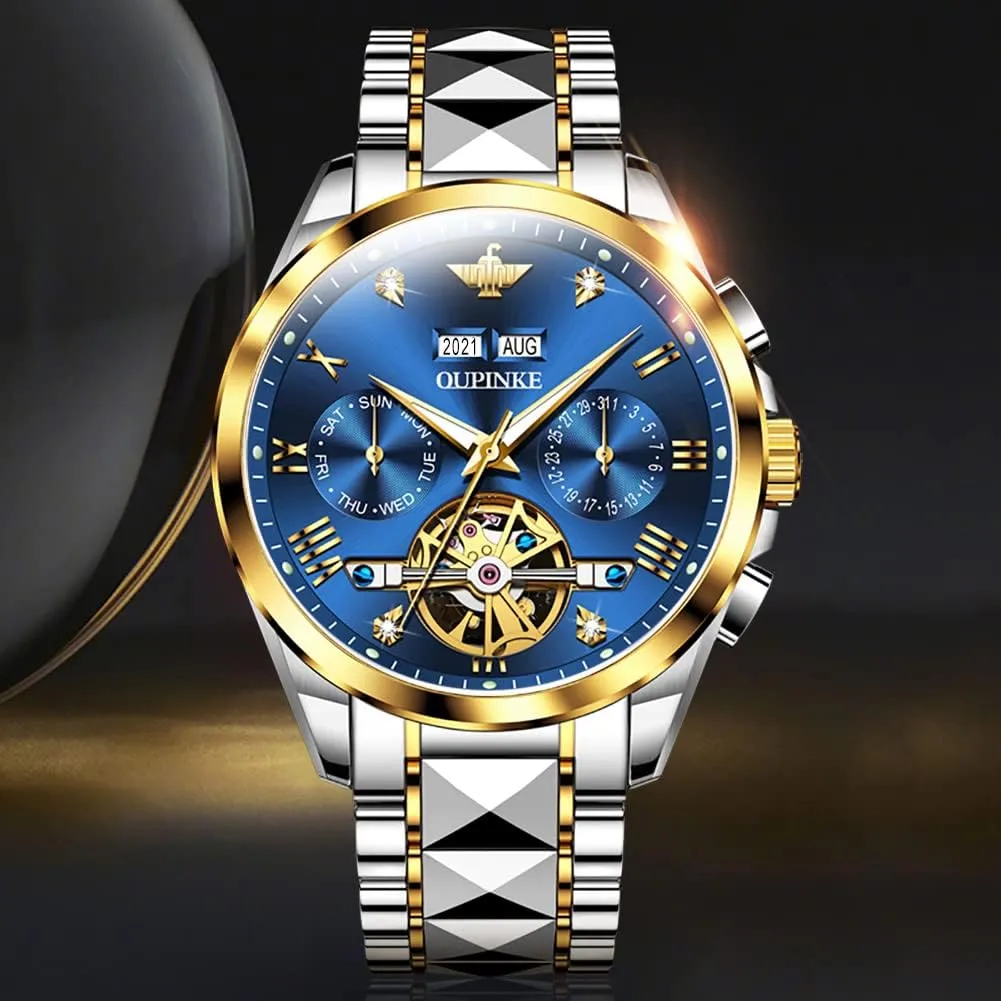 Tungsten Steel Watches 50M Waterproof Luminous No Battery Watches OLEVS Automatic minimum belong bequeath primatology Skeleton Mens Watches Luxury Wristwatch Mechanical Self-Winding Sapphire Crystal 