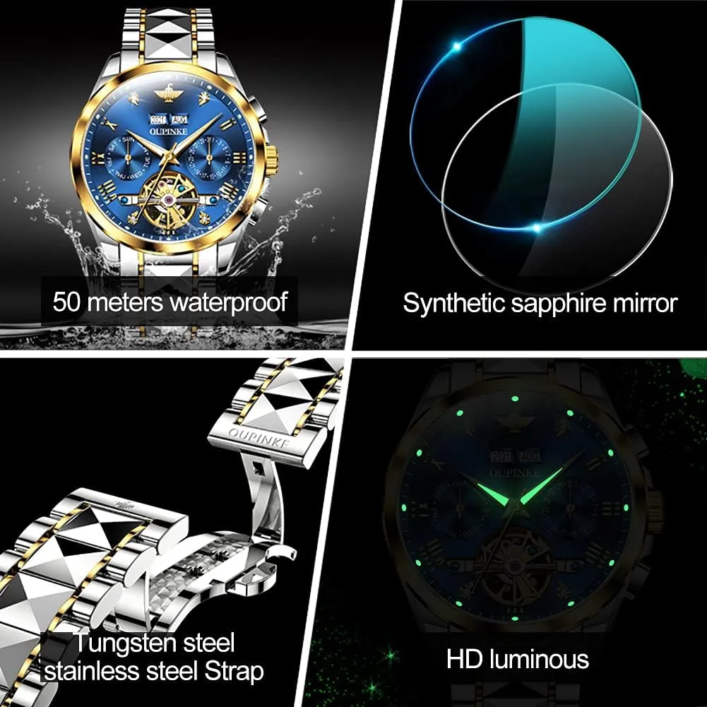 Tungsten Steel Watches 50M Waterproof Luminous No Battery Watches OLEVS Automatic minimum belong bequeath primatology Skeleton Mens Watches Luxury Wristwatch Mechanical Self-Winding Sapphire Crystal 