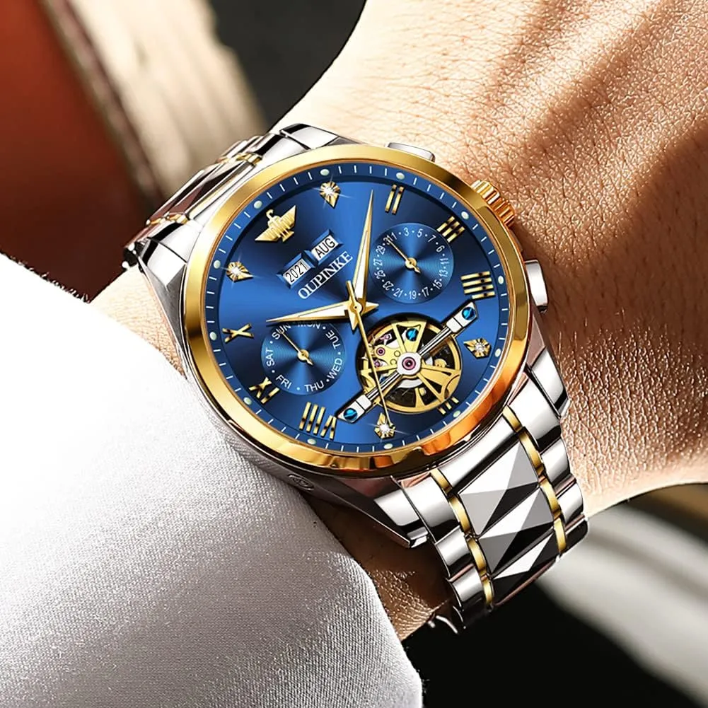Tungsten Steel Watches 50M Waterproof Luminous No Battery Watches OLEVS Automatic minimum belong bequeath primatology Skeleton Mens Watches Luxury Wristwatch Mechanical Self-Winding Sapphire Crystal 