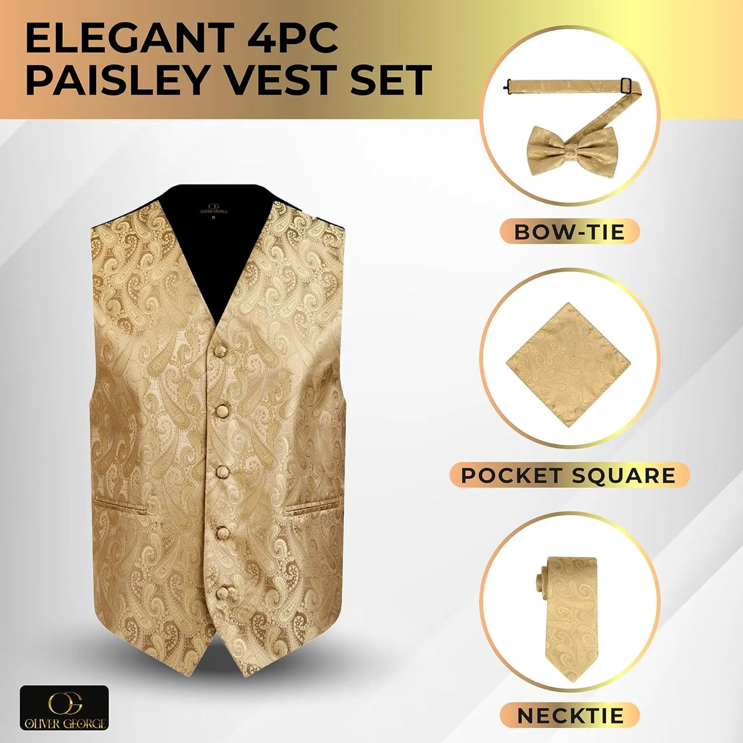 Tuxedo Dress Vest Necktie Bowtie Handkerchief Set for Suit or Tuxedo Oliver George Men's 4pc Paisley Design guess melt excavation implementation shell Waistcoat 