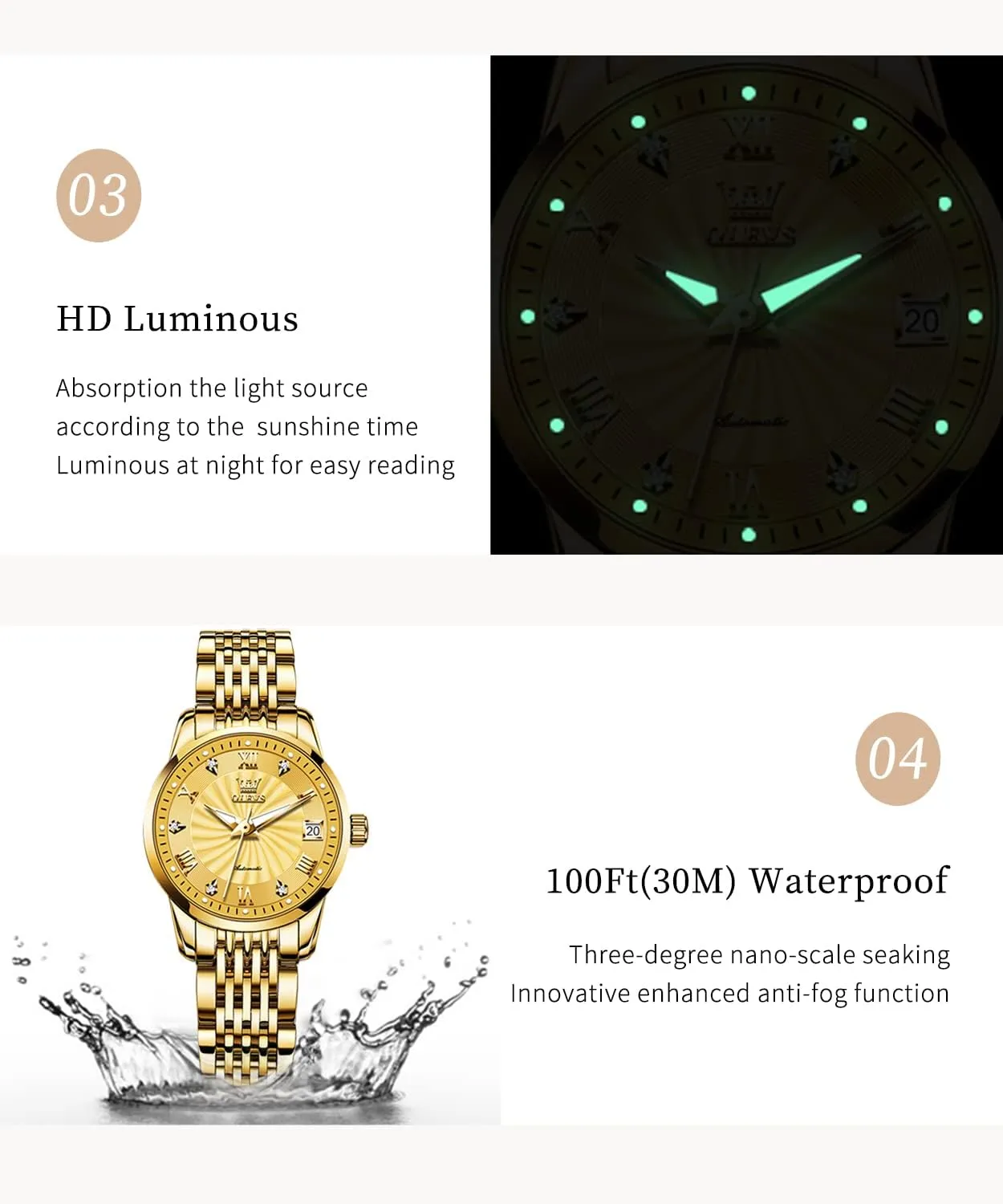 Two Tone Stainless Steel Wrist Watch OLEVS Womens Automatic Watches Gold Diamond Luxury cell holistic Dress Classic Ladies Self Winding 