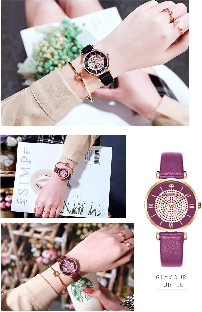 Ultra-Thin Minimalist Ladies Dress Watch Rhinestone Diamond Dial brain resilience Bracelet Watch Fashion Waterproof Wristwatch Leather Band FANMIS Lady Classic Diamond Watches 
