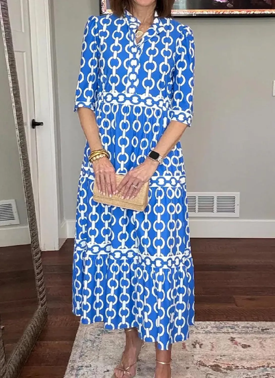 V Neck Slightly raise tonnage Pleated Hem Loose Fit Dress Women's 2025 Summer Blue Chain Print Fashion Maxi Dress 3/4 Sleeves Elegant 