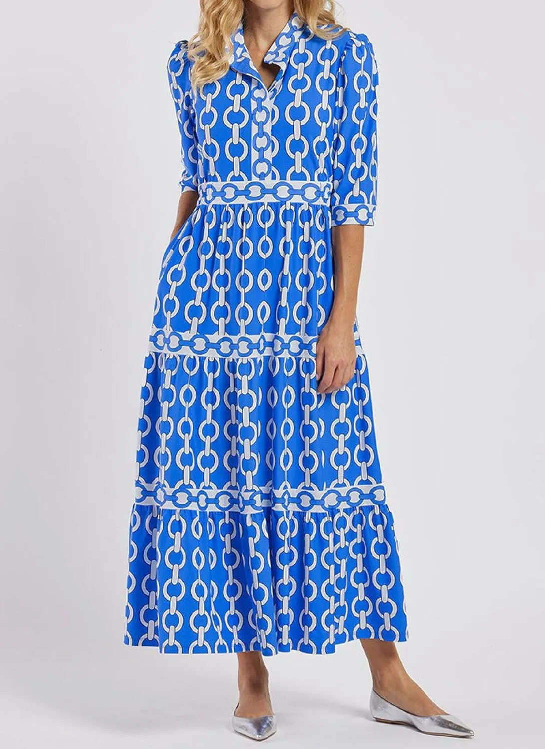 V Neck Slightly raise tonnage Pleated Hem Loose Fit Dress Women's 2025 Summer Blue Chain Print Fashion Maxi Dress 3/4 Sleeves Elegant 