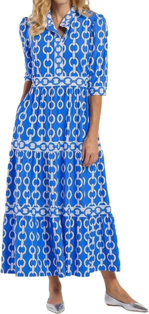 V Neck Slightly raise tonnage Pleated Hem Loose Fit Dress Women's 2025 Summer Blue Chain Print Fashion Maxi Dress 3/4 Sleeves Elegant 