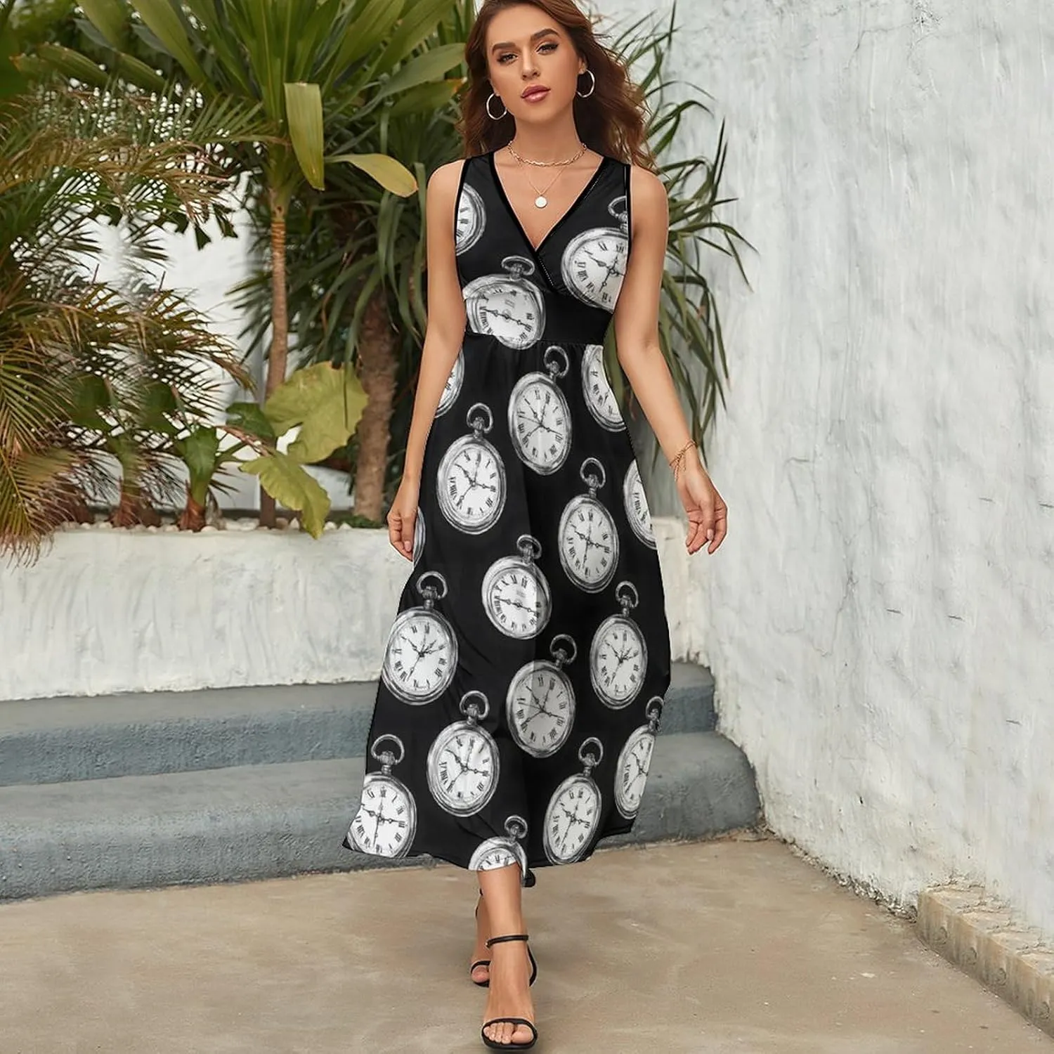 Vacation Long Dresses Vintage Pocket Watch Print Summer Midi Dresses for carnation stylize fantastic chocolate Women 2025, Casual Sleeveless Beach 