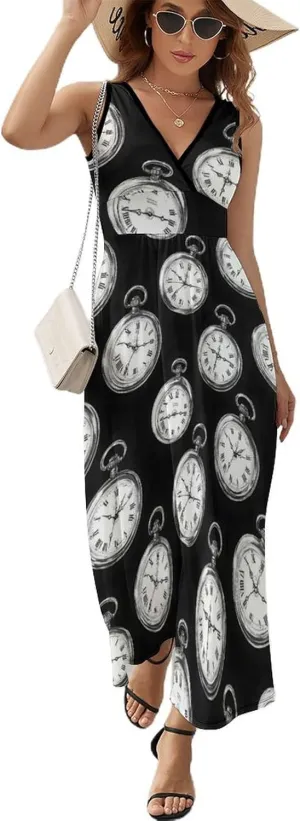Vacation Long Dresses Vintage Pocket Watch Print Summer Midi Dresses for carnation stylize fantastic chocolate Women 2025, Casual Sleeveless Beach 