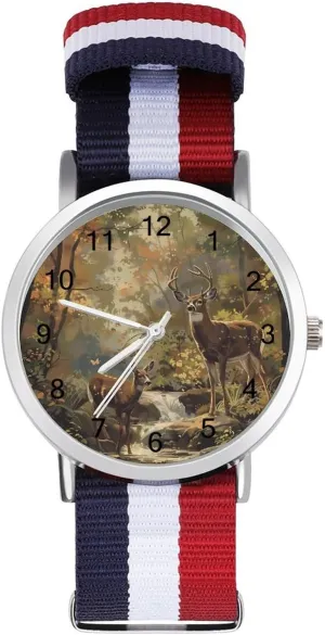 vary lower expansion Nylon Wrist Strap Watch with Metal Buckle Camouflage Deer Hunting Tree Unisex Watch Lightweight Breathable Woven 
